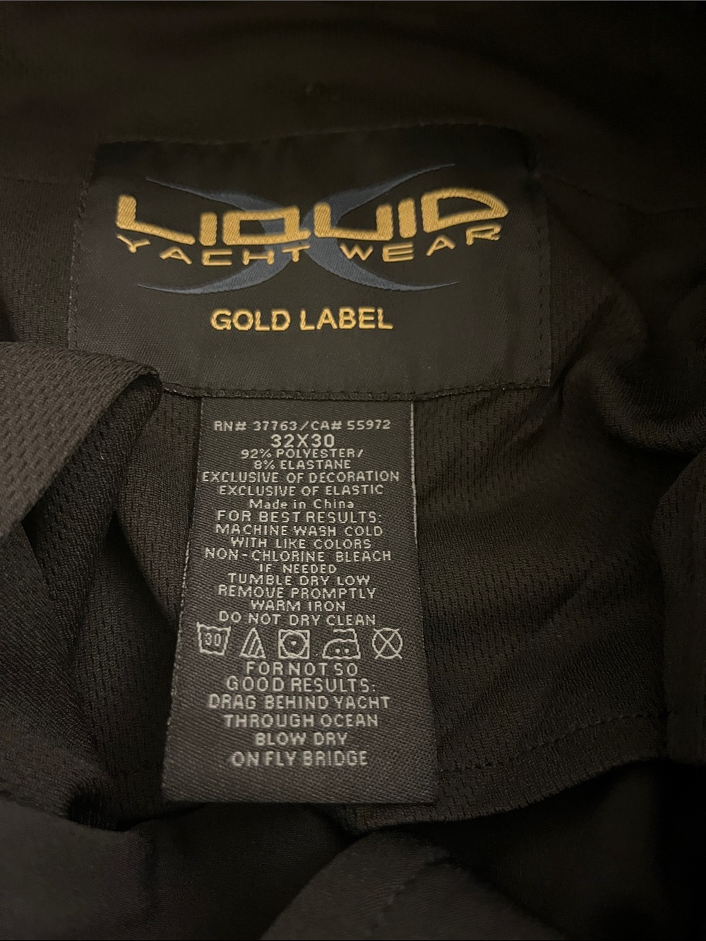 Liquid Yacht Wear Gold Label Black Pant size 32x30